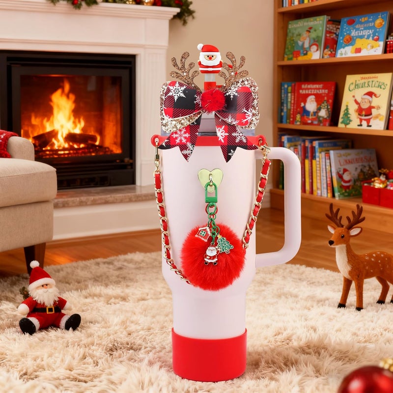 SEMATA Christmas Accessories for Stanley Cup 40oz & 30oz Tumbler Including Silicone Cute Santa Claus Straw Topper Cover, Cup Boot,Leather Water Bottle Handle Strap, Charms(Red Green) - Image 5